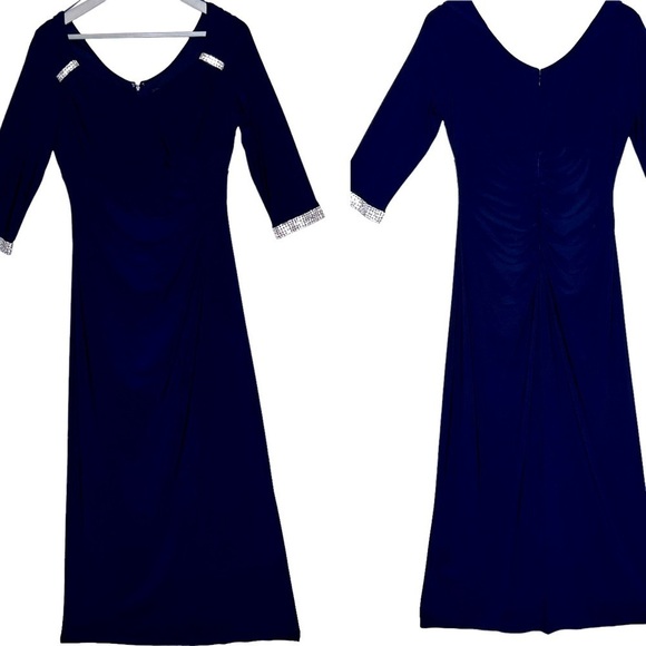 R&M Richards Blue Ruched 3/4 Sleeve Maxi Gown Rhinestone Size 10P NWT Elegant - Picture 2 of 15